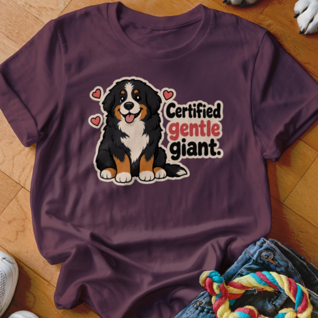 Bernese Mountain Dog graphic with text "Certified gentle giant" on a purple t-shirt.