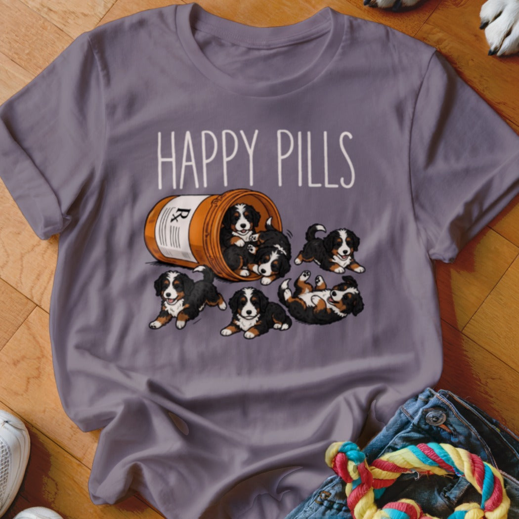 Bernese Mountain Dog puppies spill out of a prescription bottle with text "HAPPY PILLS".