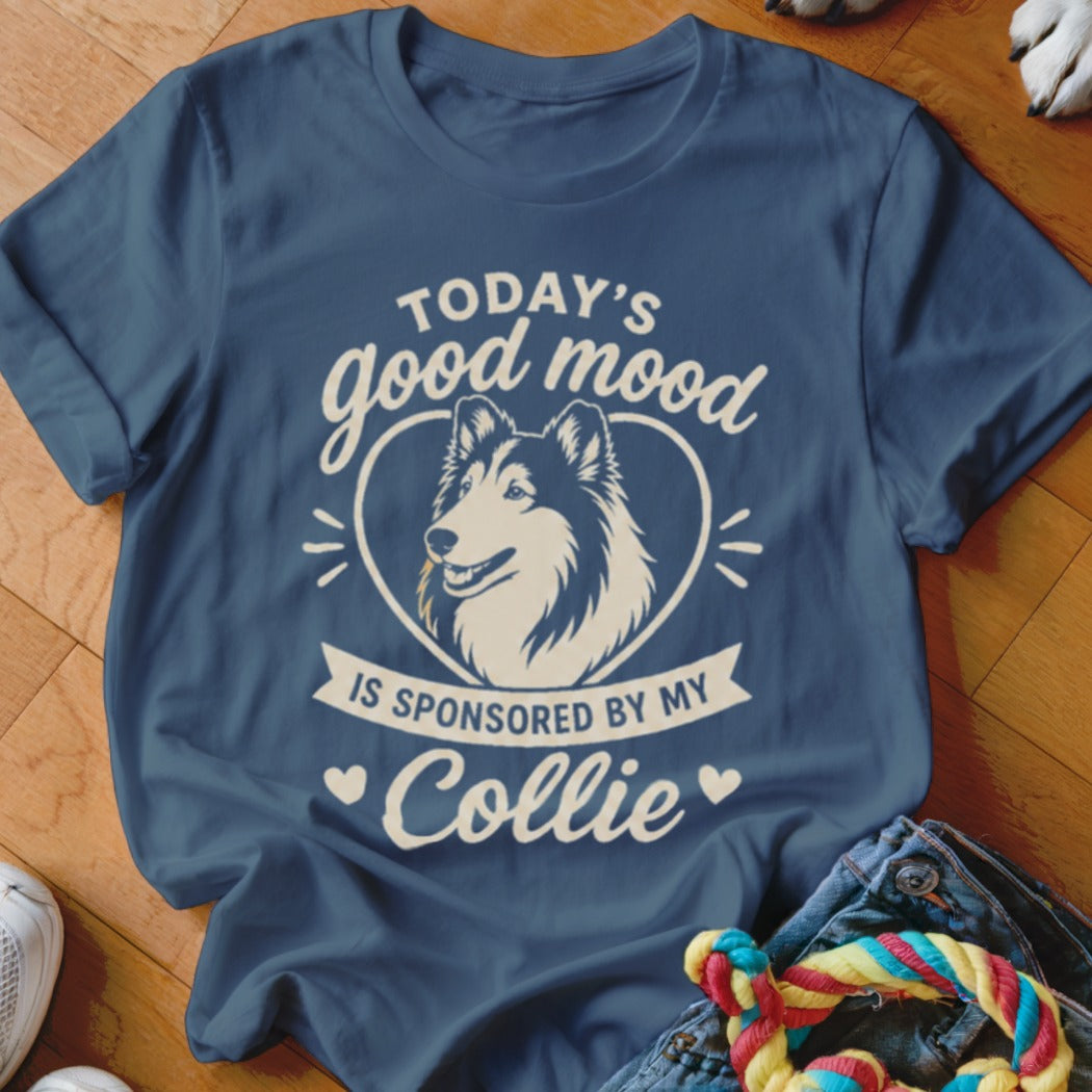 Blue t-shirt with "Today's good mood is sponsored by my Collie" text and a Collie dog illustration.
