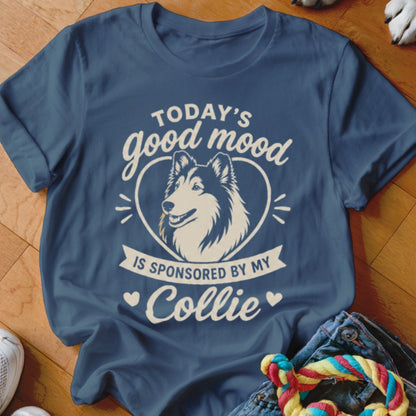 Blue t-shirt with "Today's good mood is sponsored by my Collie" text and a Collie dog illustration.