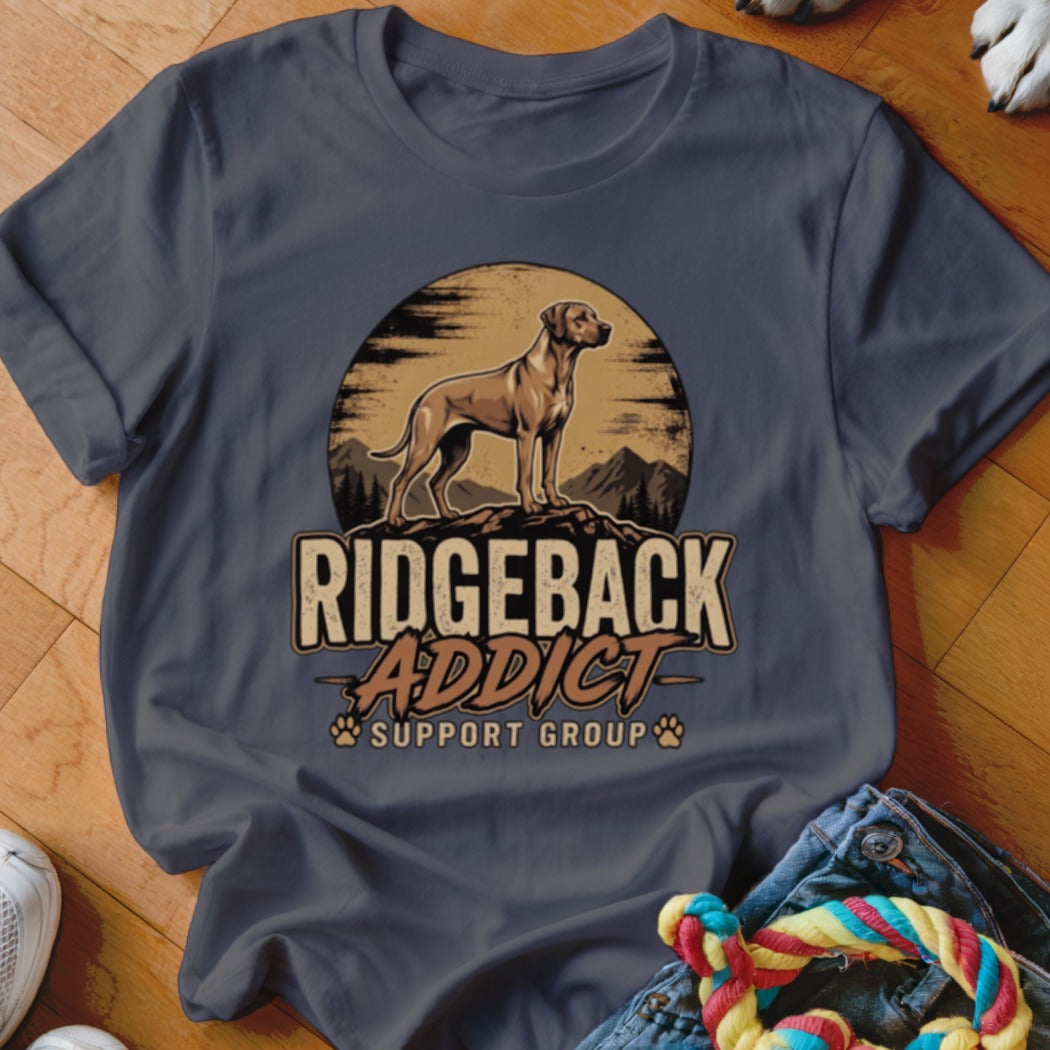 Dark grey crewneck t-shirt featuring a retro graphic of a Ridgeback dog, mountains, and sunset with the text Ridgeback Addict Support Group.