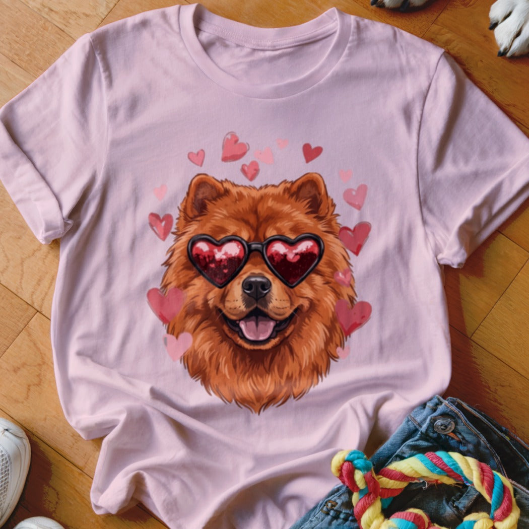 A light pink t-shirt features a graphic of a fluffy brown dog wearing heart-shaped sunglasses, surrounded by pink hearts.