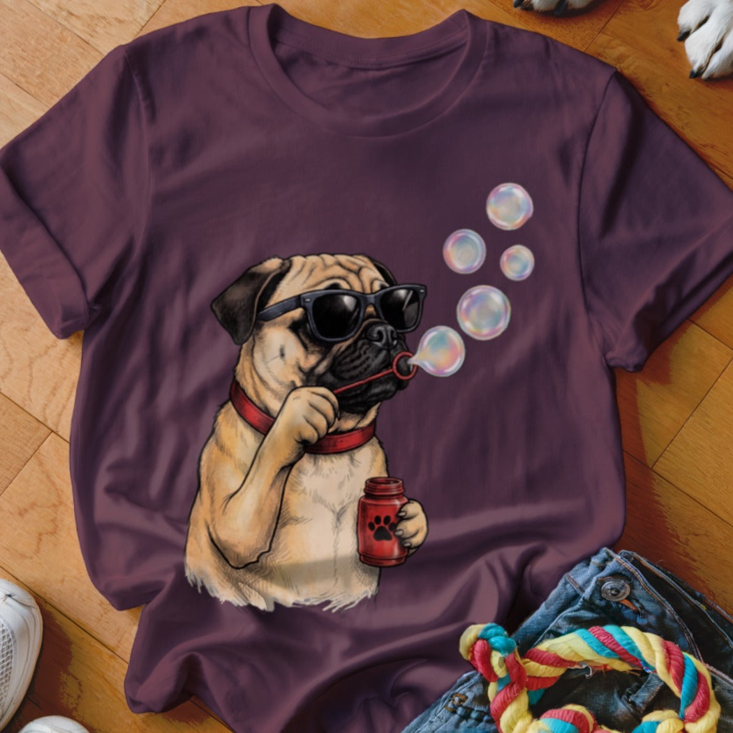 Maroon t-shirt featuring a pug wearing sunglasses and blowing bubbles.