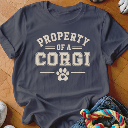 Dark blue t-shirt with "Property of a Corgi" text and a paw print heart graphic.