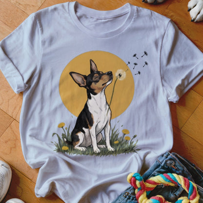 A white t-shirt featuring an illustration of a dog blowing dandelion seeds against a yellow circle background.