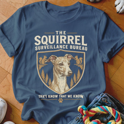 Blue t-shirt featuring an illustration of an Italian Greyhound inside a crest with squirrels and text.
