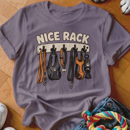 Purple t-shirt graphic with "NICE RACK" text and dog leashes, harnesses, and a dispenser.