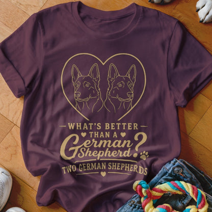 Maroon t-shirt with two German Shepherd outlines in a heart and text.