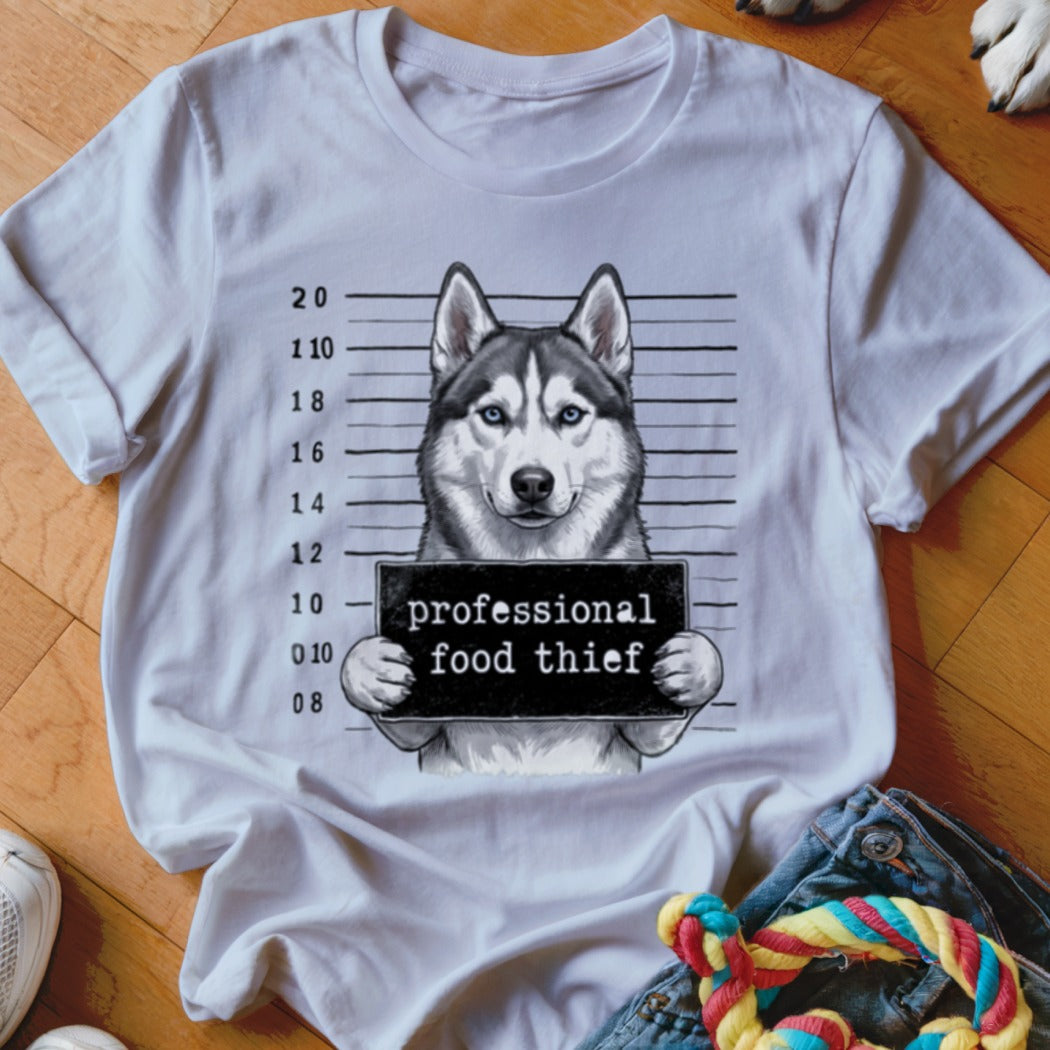 White t-shirt with husky mugshot: "professional food thief" text.