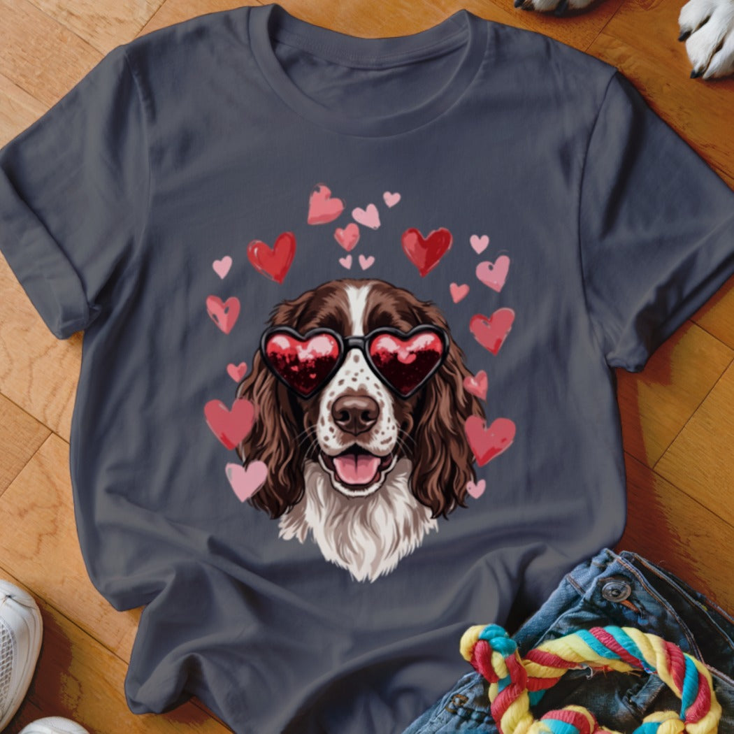 A dark gray t-shirt featuring an illustration of an English Springer Spaniel wearing heart-shaped sunglasses surrounded by floating pink hearts.