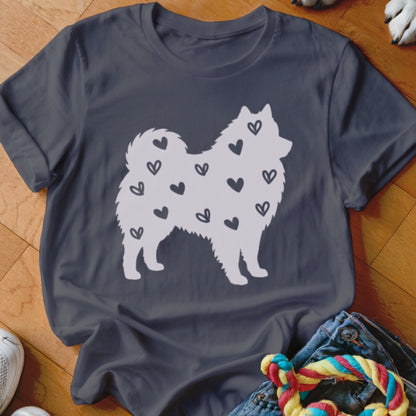 Dark grey t-shirt with a white silhouette of a dog covered in small black hearts.