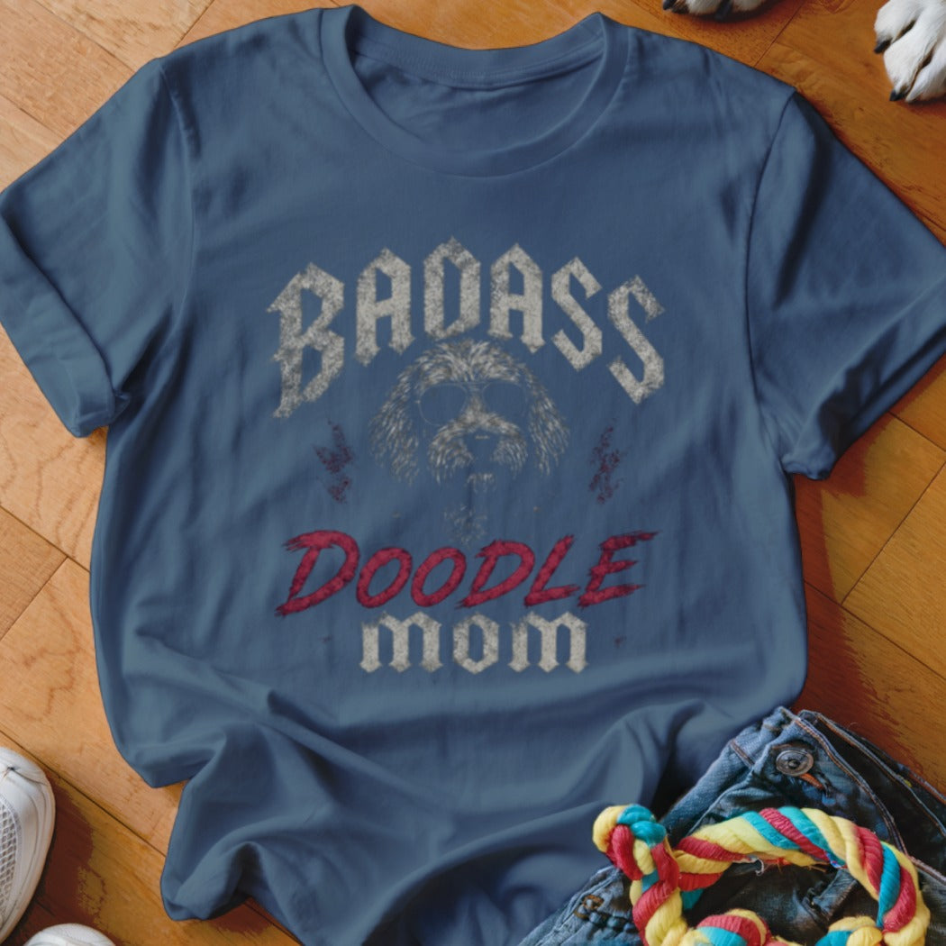 Blue t-shirt with "Badass Doodle Mom" text and a doodle dog wearing sunglasses.