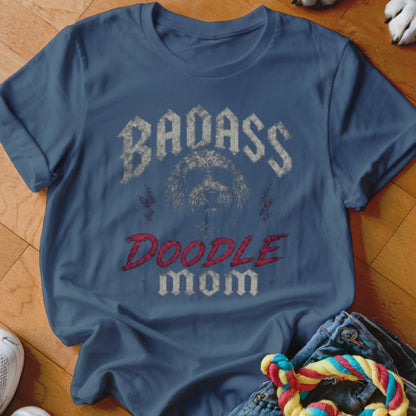 Blue t-shirt with "Badass Doodle Mom" text and a doodle dog wearing sunglasses.