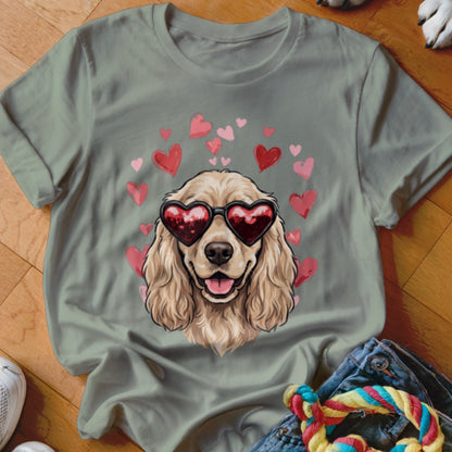 Sage green t-shirt featuring a golden cocker spaniel wearing heart-shaped sunglasses surrounded by pink hearts.