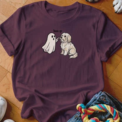 Maroon t-shirt graphic of a ghost booping a small white dog with text "boo-p".