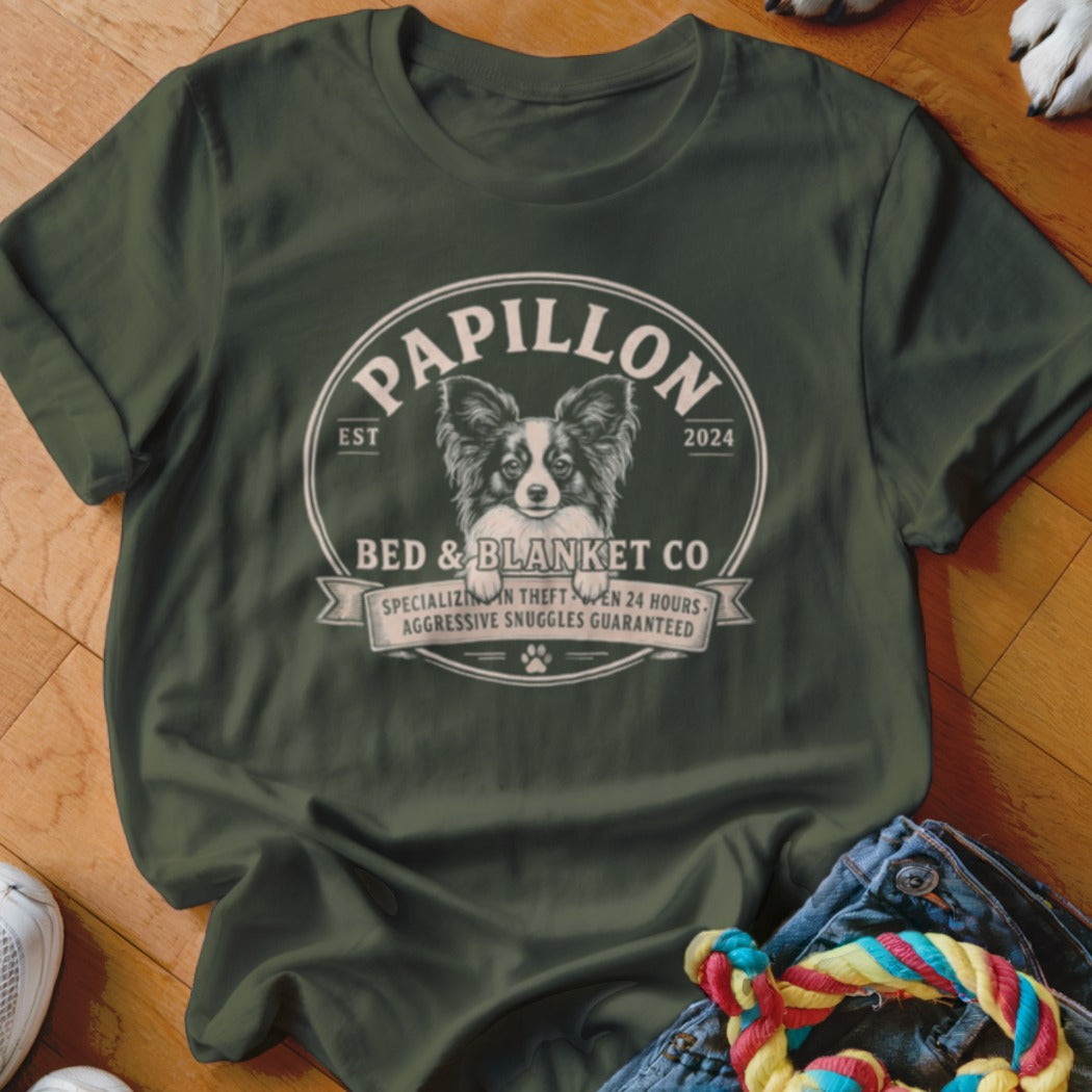 Papillon Bed & Blanket Co. t-shirt with dog, EST 2024, specializing in theft.