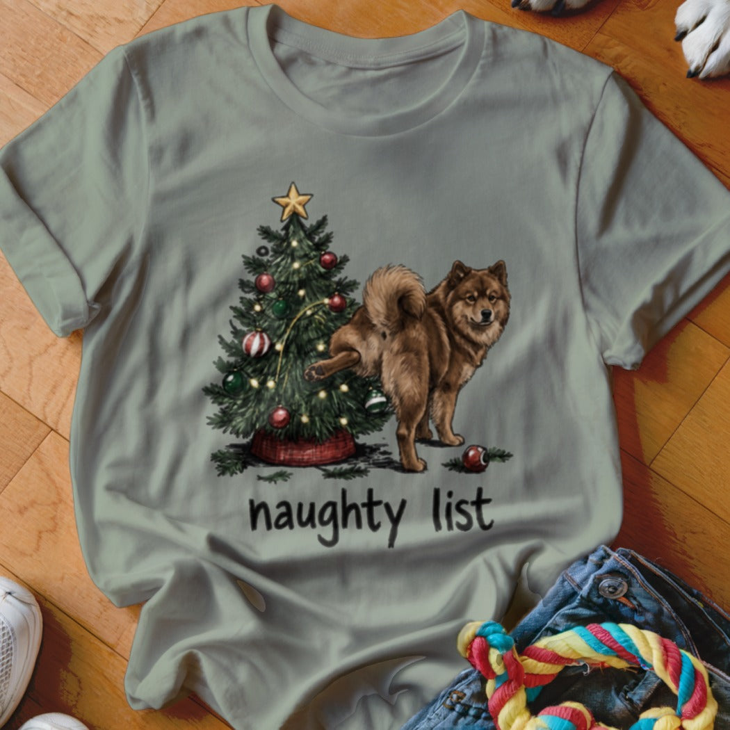 Brown dog with tail raised next to a Christmas tree with text "naughty list".