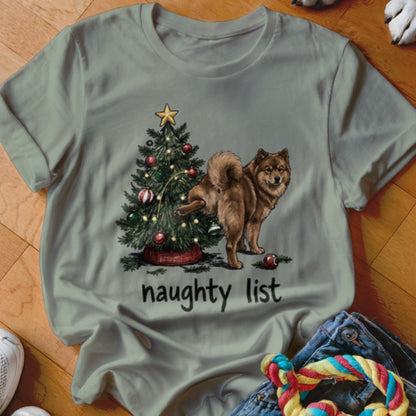 Brown dog with tail raised next to a Christmas tree with text "naughty list".