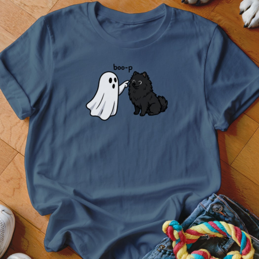 Ghost booping a black dog with "boo-p" text on a navy t-shirt.