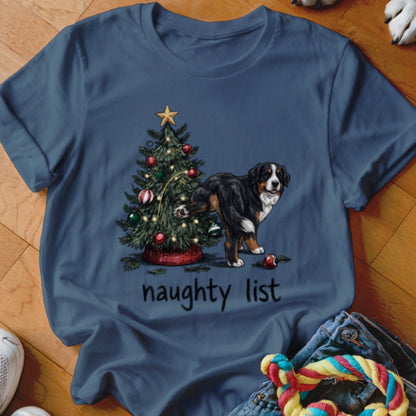 Bernese Mountain Dog near Christmas tree with "naughty list" text.