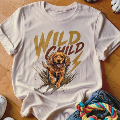 Cream-colored t-shirt with a graphic of a golden retriever and the text Wild Child.