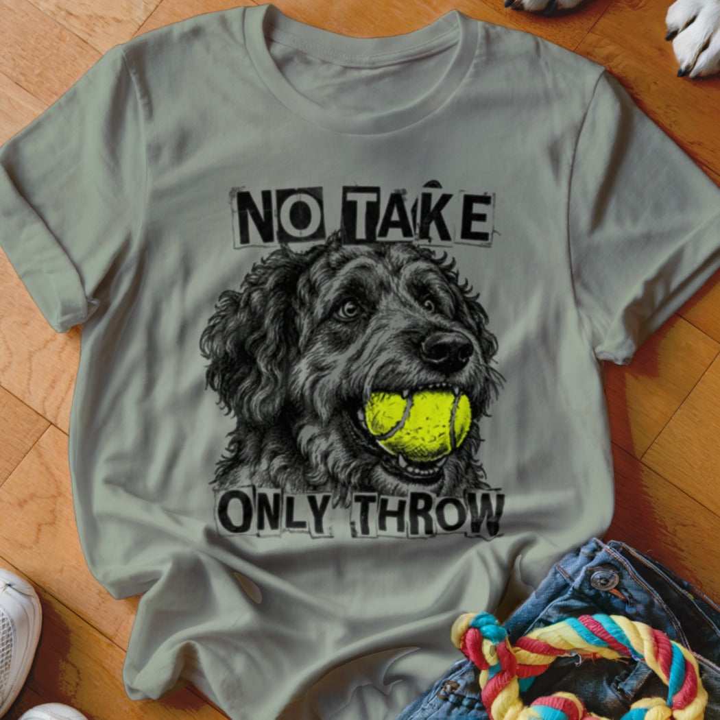 Grey t-shirt with black and white drawing of a dog holding a tennis ball in its mouth with text.