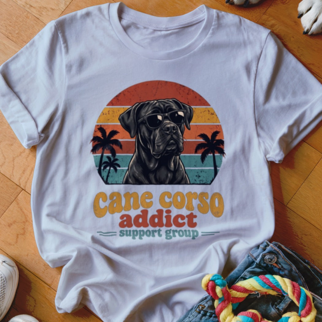White t-shirt with a graphic of a Cane Corso wearing sunglasses against a sunset and palm tree background.