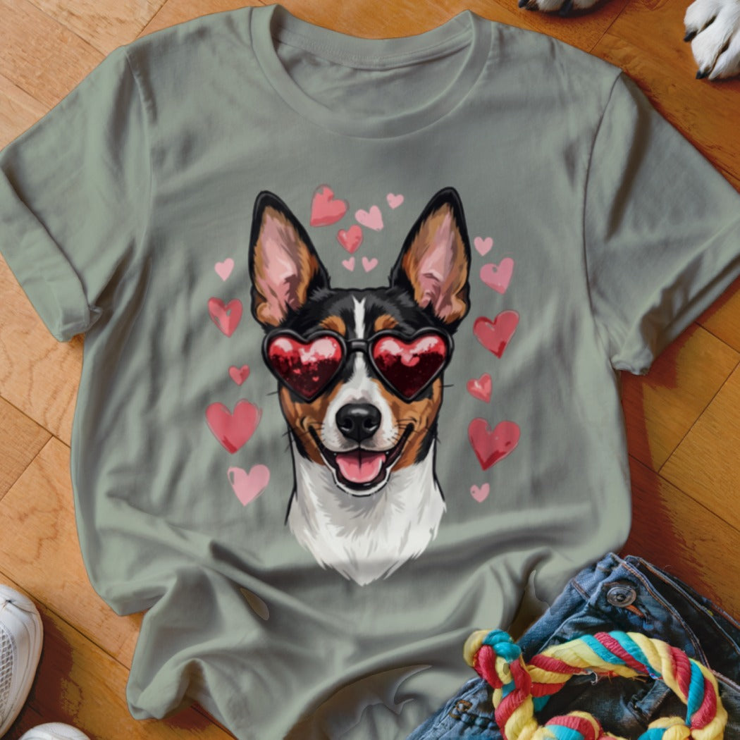 Gray t-shirt featuring a graphic of a smiling dog wearing heart-shaped sunglasses surrounded by pink hearts.