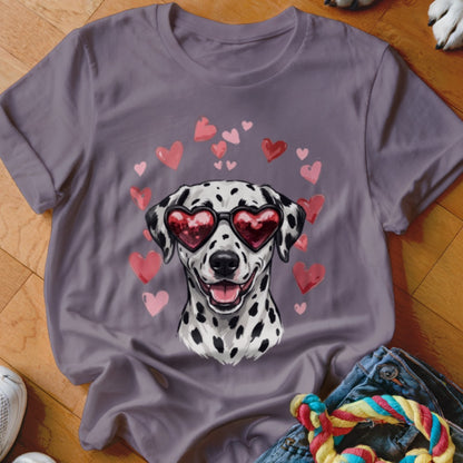 A purple t-shirt featuring a graphic of a smiling Dalmatian wearing heart-shaped sunglasses surrounded by pink and red hearts.