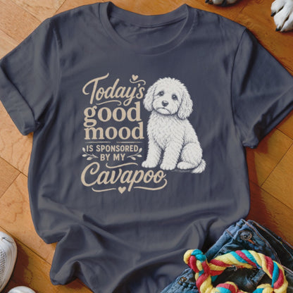 Dark grey t-shirt with "Today's good mood is sponsored by my Cavapoo" and a cavapoo drawing.