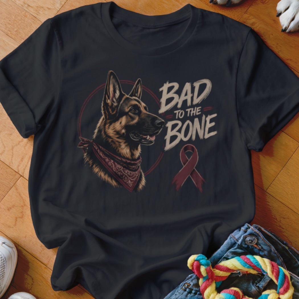 German Shepherd dog with bandana and "Bad to the Bone" text on black t-shirt.