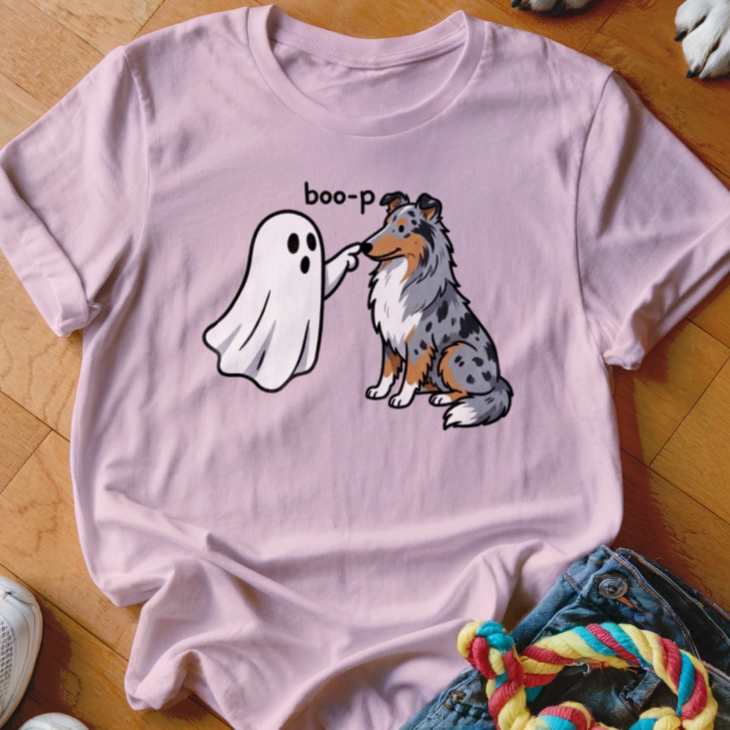 Ghost poking a sitting dog's nose with text "boo-p".