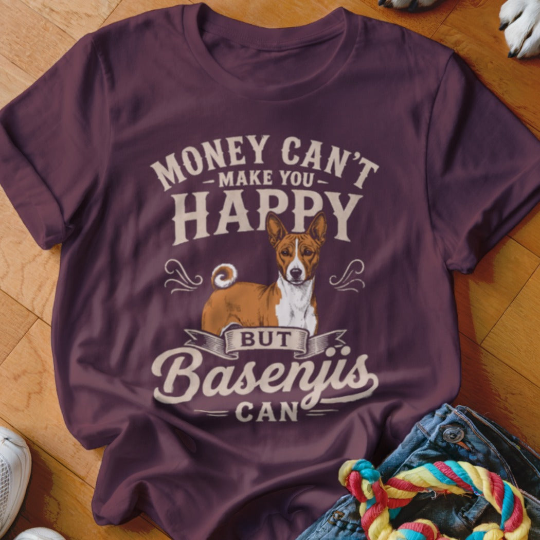 Maroon t-shirt with "Money Can't Make You Happy But Basenjis Can" text and Basenji dog graphic.