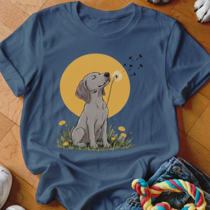 A navy blue t-shirt features a graphic of a grey dog blowing dandelion seeds against a yellow circle.