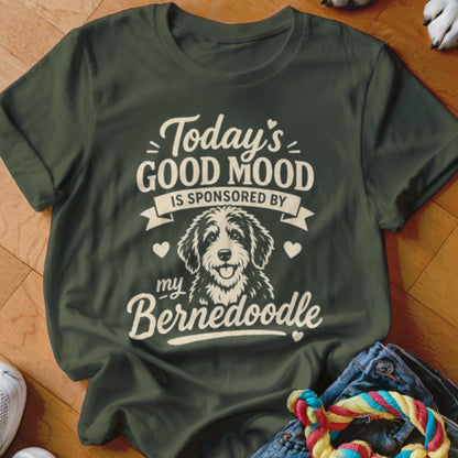 Olive t-shirt with "Today's Good Mood is Sponsored by my Bernedoodle" text and dog graphic.