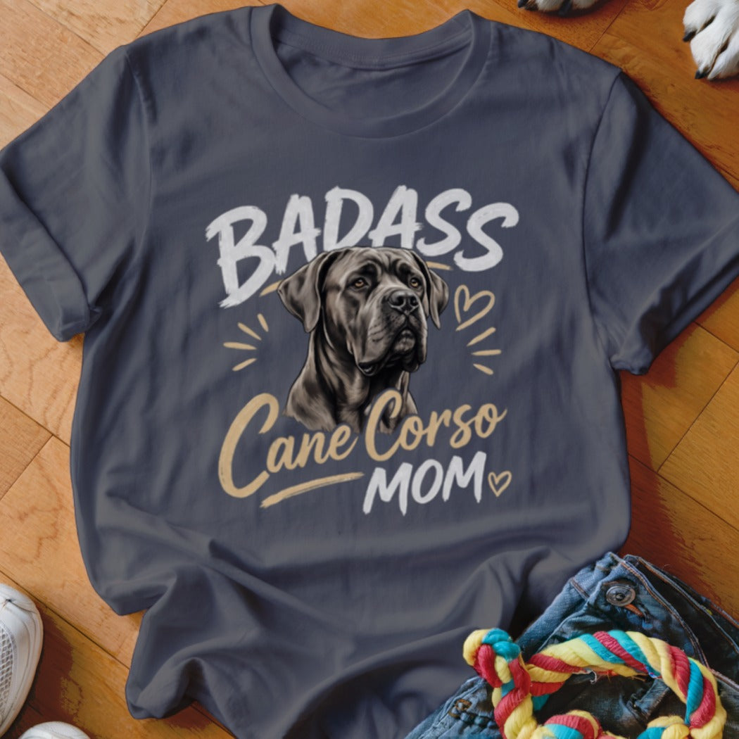 Dark gray t-shirt featuring a Cane Corso graphic and text reading Badass Cane Corso Mom.