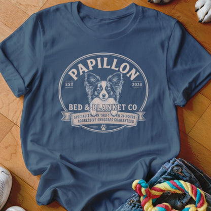 Papillon Bed & Blanket Co. t-shirt with dog illustration and text.