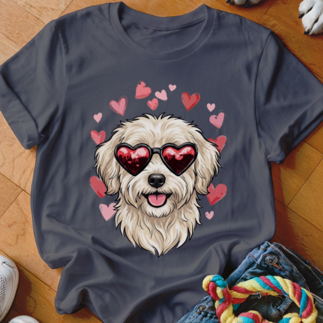 A dark gray crewneck t-shirt featuring a graphic of a fluffy white dog wearing heart-shaped sunglasses surrounded by pink hearts.