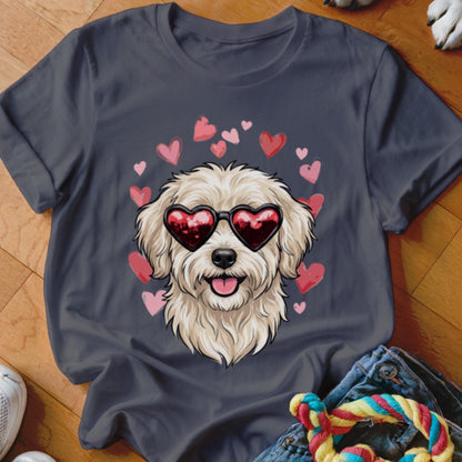 A dark gray crewneck t-shirt featuring a graphic of a fluffy white dog wearing heart-shaped sunglasses surrounded by pink hearts.