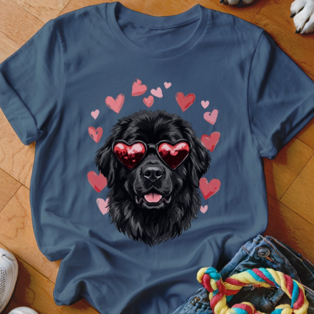 A navy blue t-shirt printed with a fluffy black dog wearing heart-shaped sunglasses, surrounded by pink and red hearts.