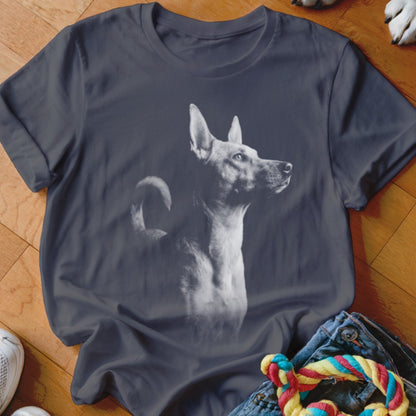 Dark t-shirt with a black and white graphic of a dog facing right.