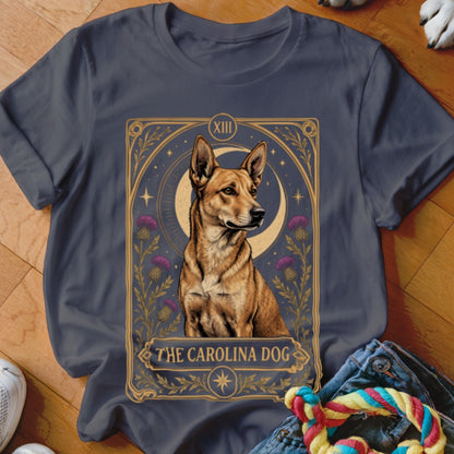 A dark gray t-shirt featuring a tarot card graphic of a Carolina Dog.