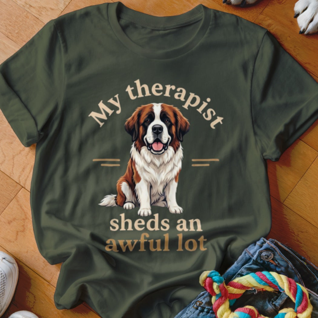 Green t-shirt with St. Bernard dog graphic and text "My therapist sheds an awful lot."