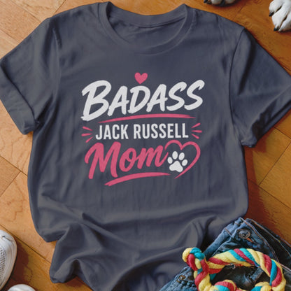 Dark t-shirt with white and pink text reading "Badass Jack Russell Mom".