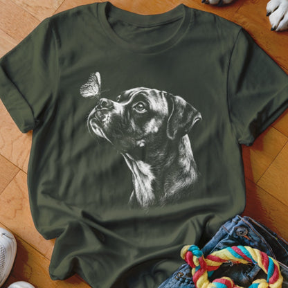 Dark green t-shirt featuring a white sketch of a boxer dog with a butterfly on its nose.