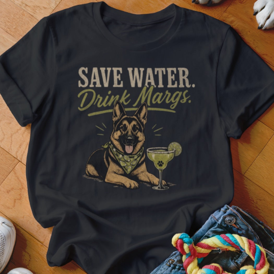 German Shepherd in bandana with margarita and text "Save Water. Drink Margs."