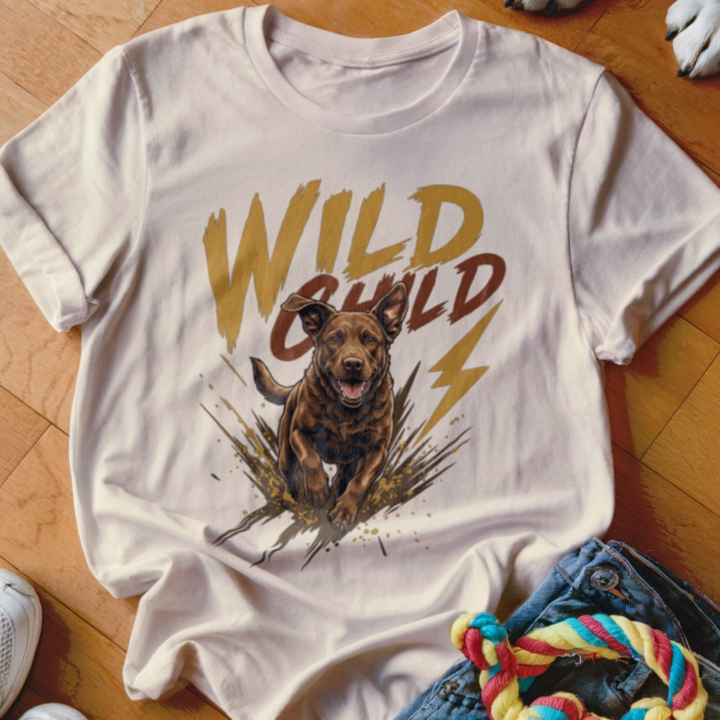 A cream-colored t-shirt with a graphic of a running brown dog, mud splashes, and the text WILD CHILD.