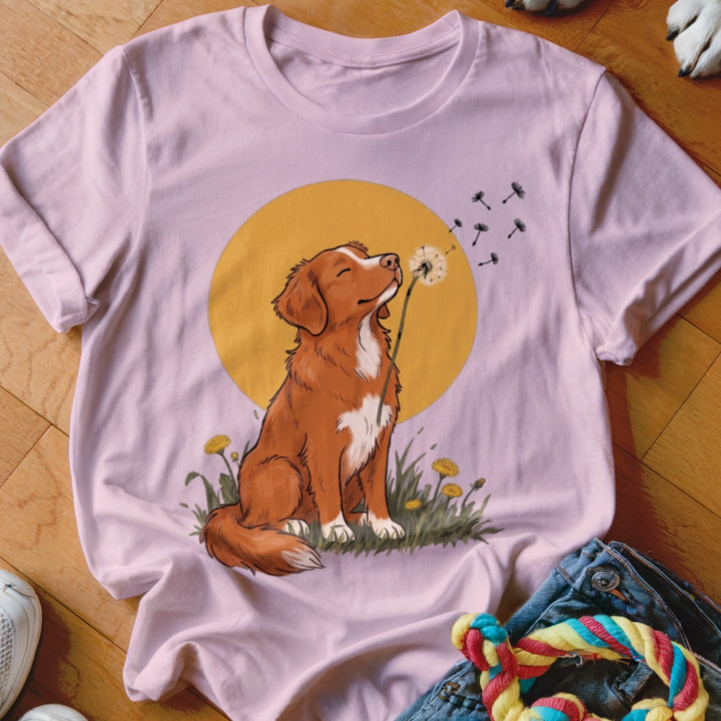 A light pink t-shirt printed with an illustration of a brown dog blowing dandelion seeds.