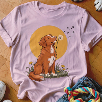 A light pink t-shirt printed with an illustration of a brown dog blowing dandelion seeds.