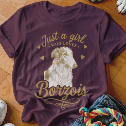 Dark purple t-shirt featuring a graphic of a Borzoi dog and the text Just a girl who loves Borzois.